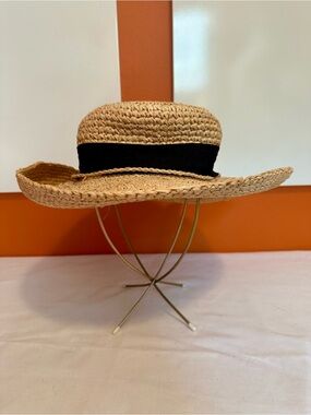 Woven Straw Sun Hat with Black Ribbon Bow Accent - 15"